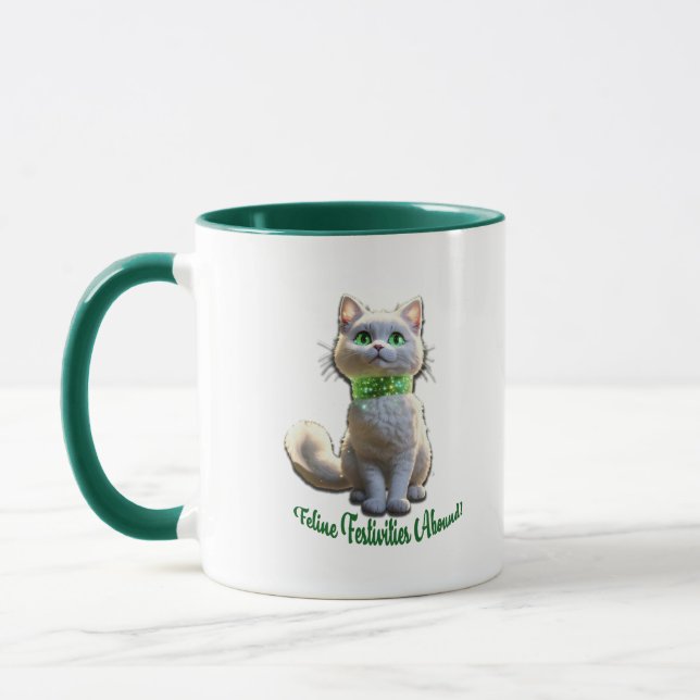 Feline Festivities Abound White Cat  Mug (Left)