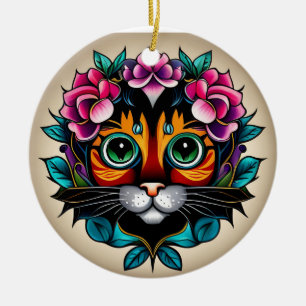 Feline Fiesta: Mexican Folk Art-Inspired Cat  Ceramic Ornament