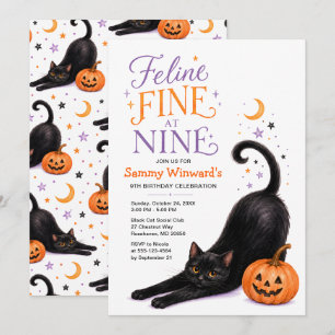 Feline Fine at Nine Halloween 9th Birthday Invitation