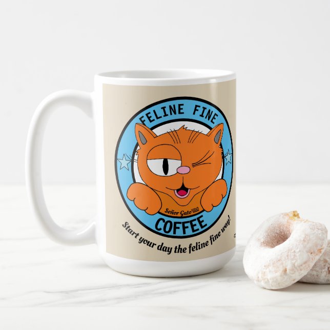 FELINE FINE COFFEE Cute Cartoon Cat Señor Gato Coffee Mug (With Donut)