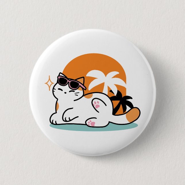 Feline Fine in the Sunshine – Relaxed Tropical Cat 2 Inch Round Button (Front)