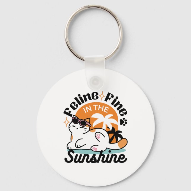 Feline Fine in the Sunshine – Relaxed Tropical Cat Keychain (Front)