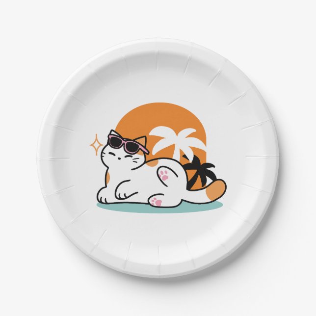 Feline Fine in the Sunshine – Relaxed Tropical Cat Paper Plate (Front)