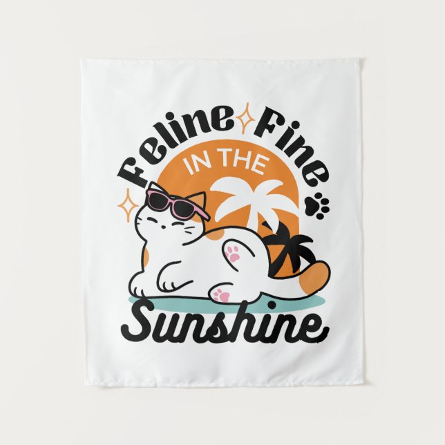 Feline Fine in the Sunshine – Relaxed Tropical Cat Tapestry (Front)