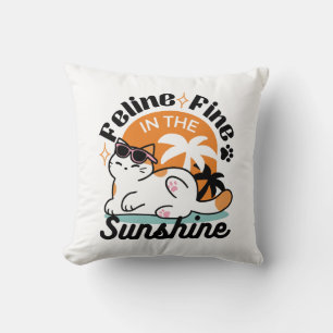 Feline Fine in the Sunshine – Relaxed Tropical Cat Throw Pillow