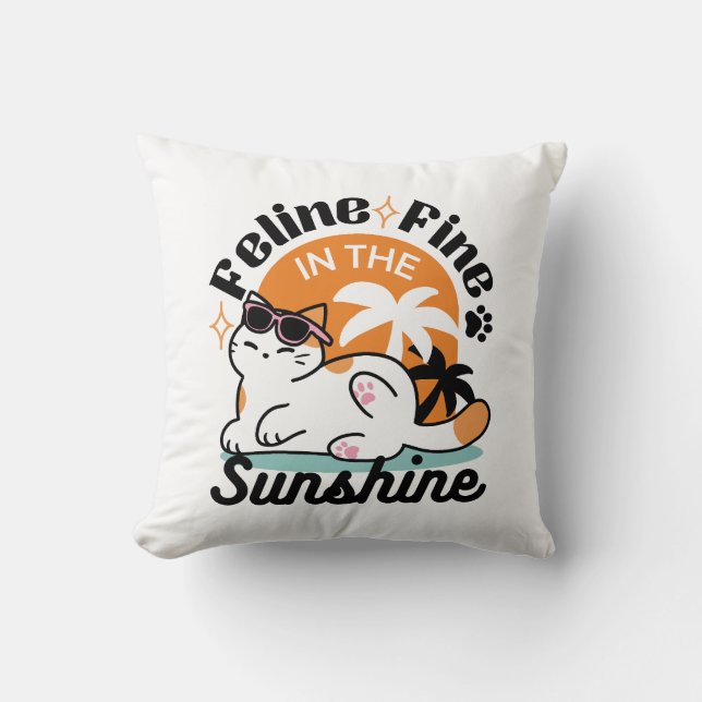 Feline Fine in the Sunshine – Relaxed Tropical Cat Throw Pillow (Front)