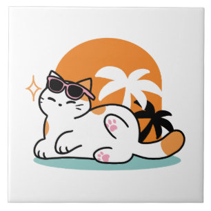 Feline Fine in the Sunshine – Relaxed Tropical Cat Tile