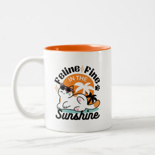 Feline Fine in the Sunshine – Relaxed Tropical Cat Two-Tone Coffee Mug