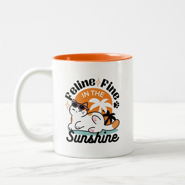 Feline Fine in the Sunshine – Relaxed Tropical Cat Two-Tone Coffee Mug (Left)
