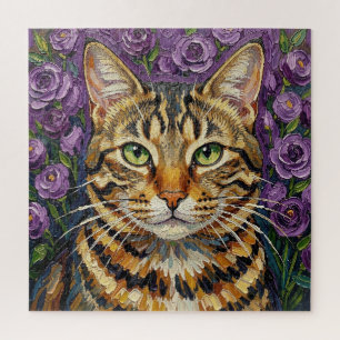 Feline & Floral   Cute Artistic Cat  Jigsaw Puzzle