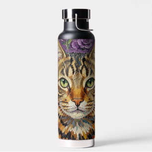 Feline & Floral   Cute Artistic Cat  Water Bottle