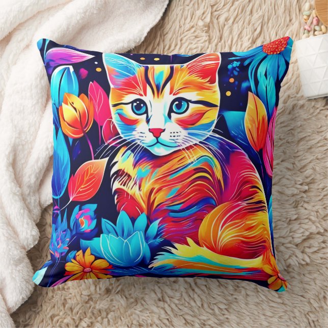 Feline Floral Fantasy Throw Pillow (Blanket)