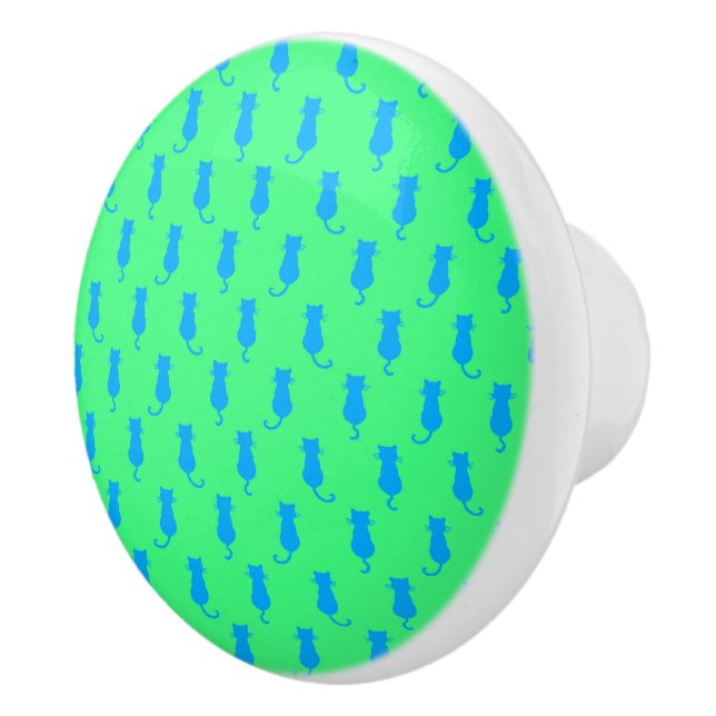 Feline Fun Forever Whimsical Blue Cats Lime Green Ceramic Knob (Right)