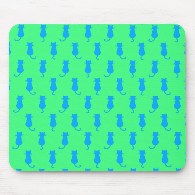Feline Fun Forever Whimsical Blue Cats Lime Green Mouse Pad (Front)