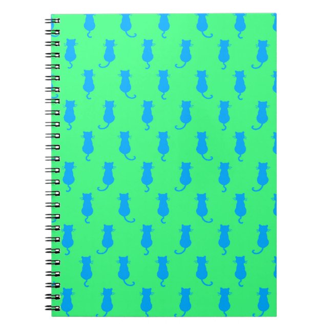 Feline Fun Forever Whimsical Blue Cats Lime Green Notebook (Front)