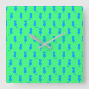 Feline Fun Forever Whimsical Blue Cats Lime Green Square Wall Clock