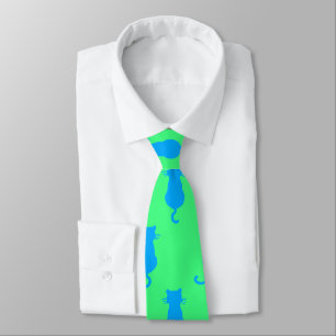 Feline Fun Forever Whimsical Blue Cats Lime Green Tie