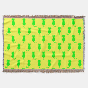 Feline Fun Forever Whimsical Green Cats Yellow Throw Blanket