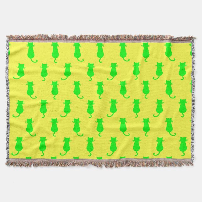 Feline Fun Forever Whimsical Green Cats Yellow Throw Blanket (Front)
