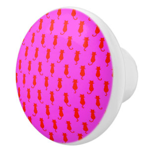 Feline Fun Forever Whimsical Red Cats Pink Ceramic Knob