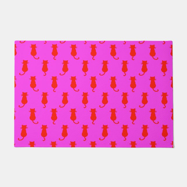 Feline Fun Forever Whimsical Red Cats Pink Doormat (Front)