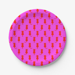 Feline Fun Forever Whimsical Red Cats Pink Paper Plate