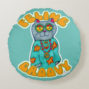 Feline Groovy Hippie Cat Marker Art Design Round Pillow