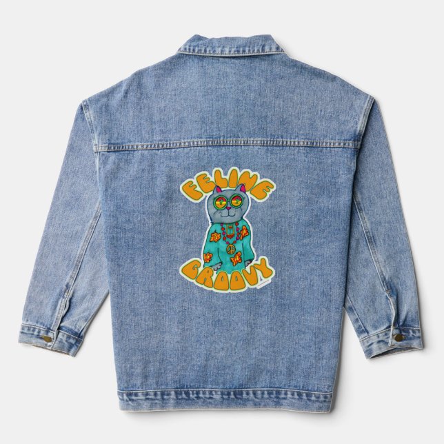 Feline Groovy Hippie Epic Fun Cat Cartoon Denim Jacket (Back)