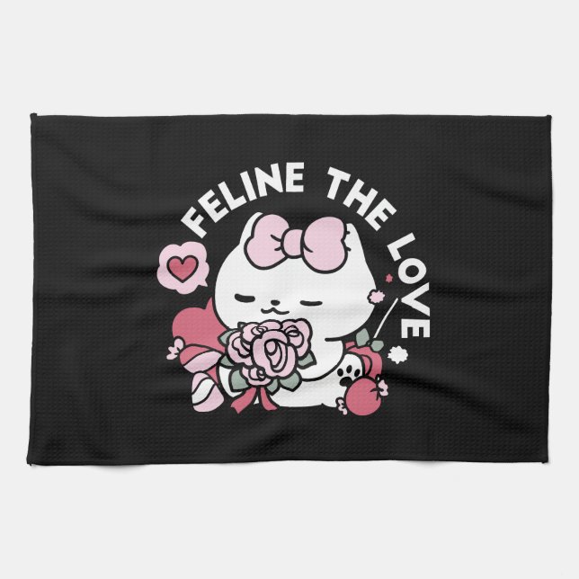 Feline the Love - Cute Valentine’s Cat Design Kitchen Towel (Horizontal)