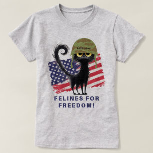 FELINES FOR FREEDOM, Patriotic Cat in Army Helmet T-Shirt