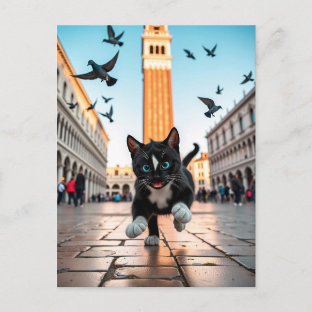 Felini vs. Pigeons: A Venetian Chase Postcard (Front)