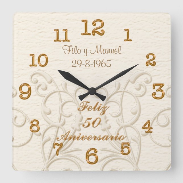 Feliz 50 Aniversario with Couple's NAMES and DATE Square Wall Clock (Front)