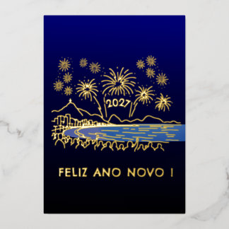 Feliz Ano Novo 2027 Copacabana Fireworks  Foil Holiday Card