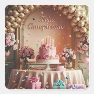 “Feliz Cumpleaños” Elegant Pink & Gold Birthday  Square Sticker