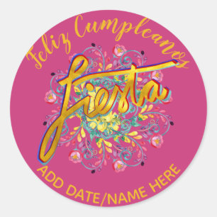 Feliz Cumpleanos FIESTA Folk Flowers Personalized Classic Round Sticker