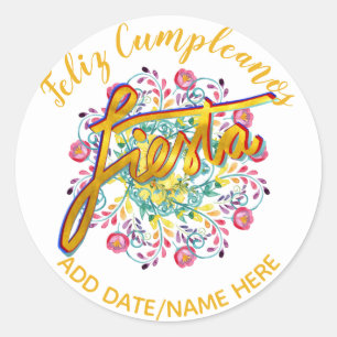 Feliz Cumpleanos FIESTA Folk Flowers Personalized Classic Round Sticker