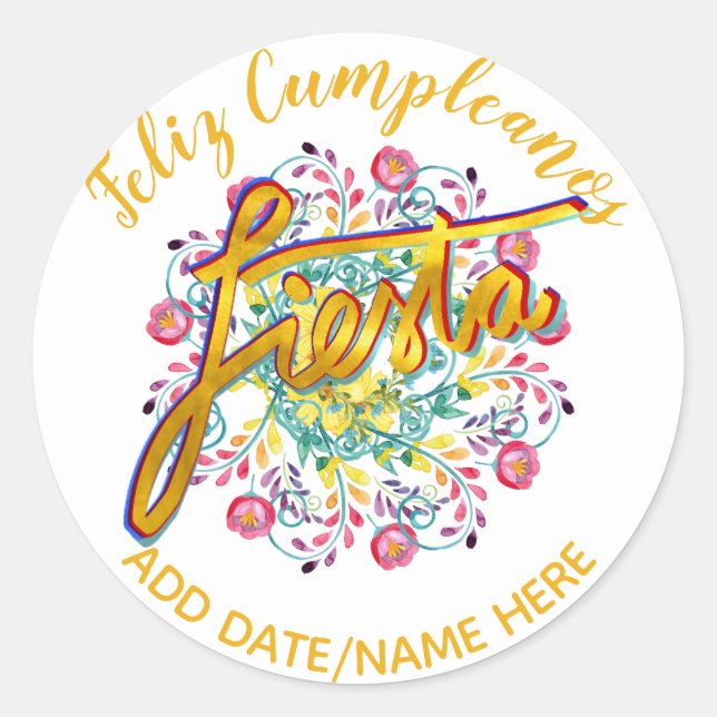 Feliz Cumpleanos FIESTA Folk Flowers Personalized Classic Round Sticker (Front)
