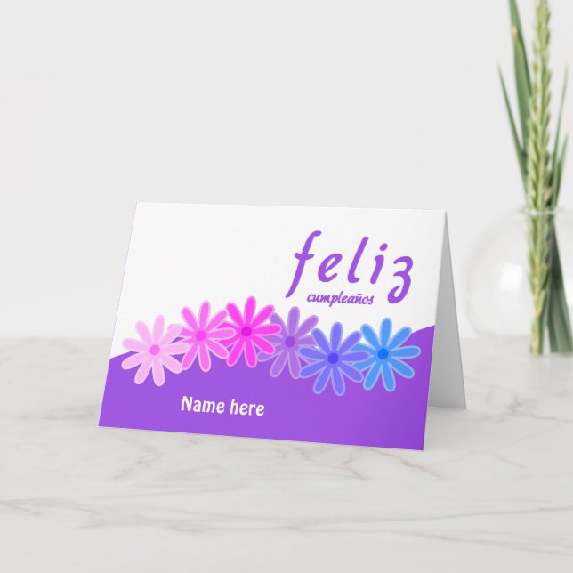 Feliz cumpleaños purple flowers personalized card (Front)