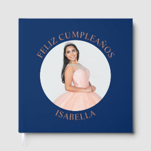Feliz Cumpleaños Round Photo Navy Blue Guest Book