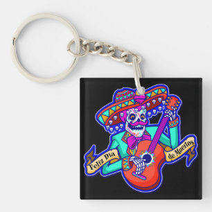 Feliz Dia De Muertos with Skeleton Playing Guitar Keychain