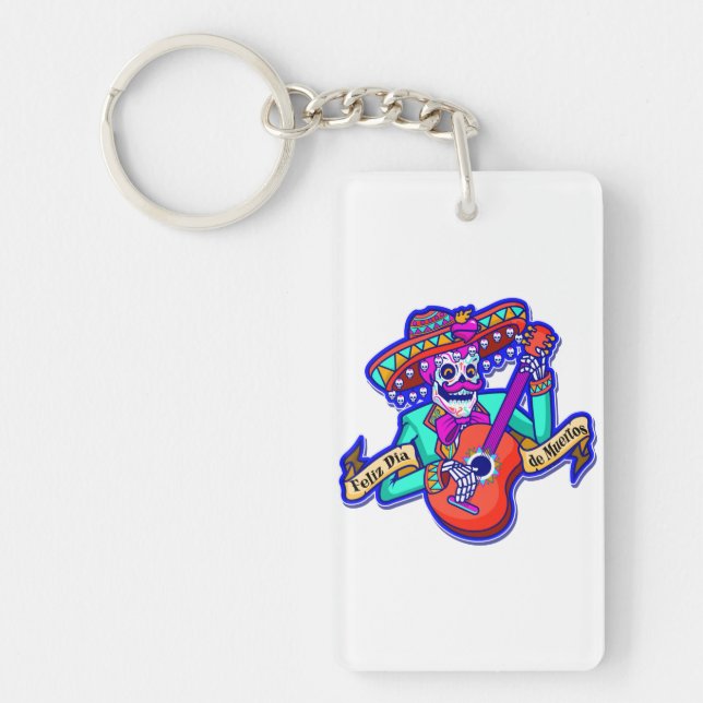 Feliz Dia De Muertos with Skeleton Playing Guitar Keychain (Front)