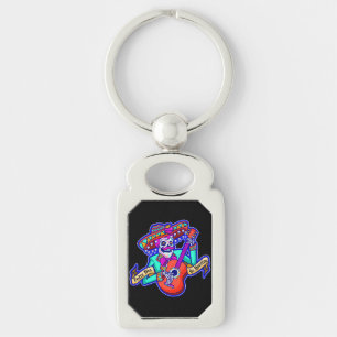 Feliz Dia De Muertos with Skeleton Playing Guitar Keychain