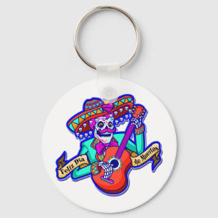 Feliz Dia De Muertos with Skeleton Playing Guitar Keychain