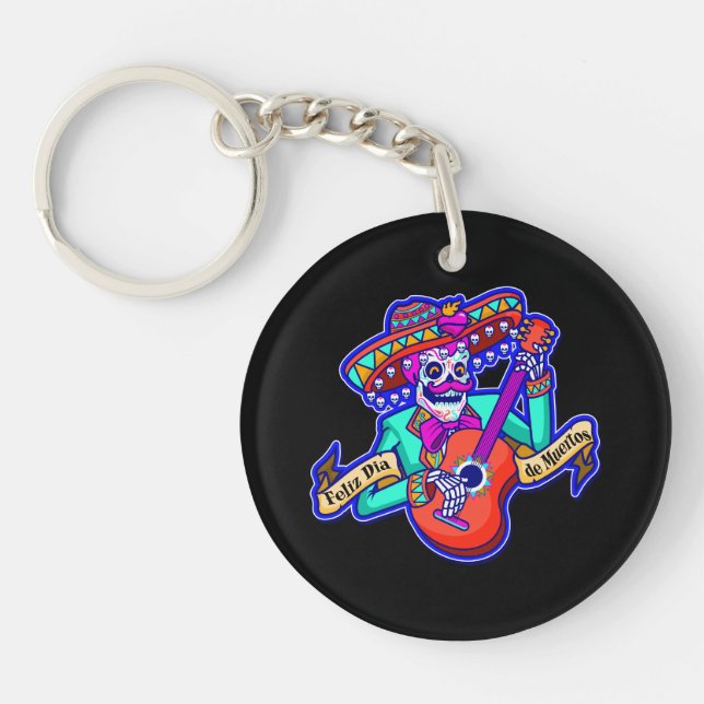 Feliz Dia De Muertos with Skeleton Playing Guitar Keychain (Front)