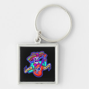 Feliz Dia De Muertos with Skeleton Playing Guitar Keychain