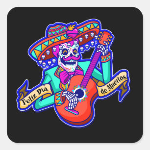 Feliz Dia De Muertos with Skeleton Playing Guitar Square Sticker