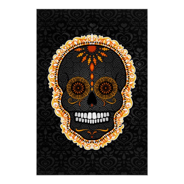 Feliz Muertos - Black & Orange Sugar Skull Damask Poster (Front)