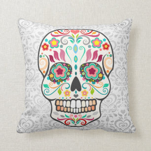 Feliz Muertos - Sugar Skull on Damask Throw Pillow