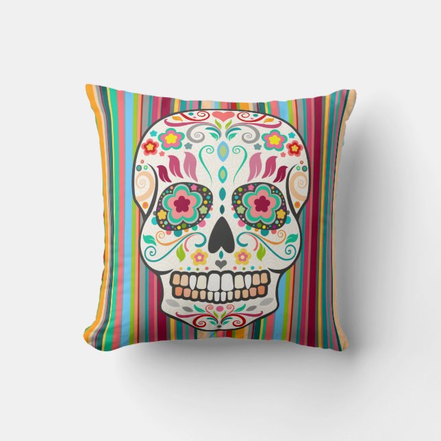Feliz Muertos - Sugar Skull & Stripes Throw Pillow (Front)