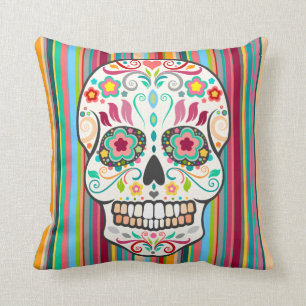 Feliz Muertos - Sugar Skull & Stripes Throw Pillow